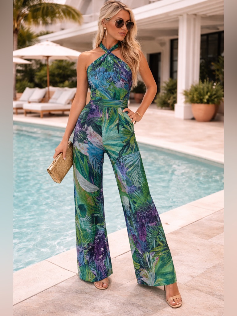 Zara Tropical Halter Jumpsuit Resort Luxe Wide Leg Vacation Outfit Blogger Fav